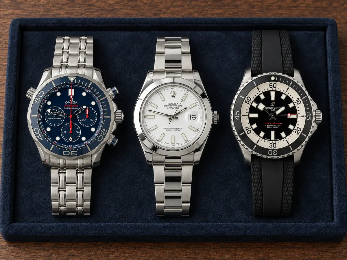 Omega, Rolex и Breitling върху тъмносин поднос