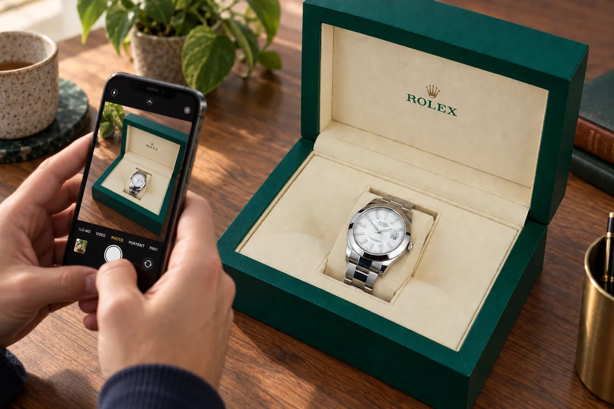 Снимане с телефон на Rolex Datejust в оригиналната му кутия